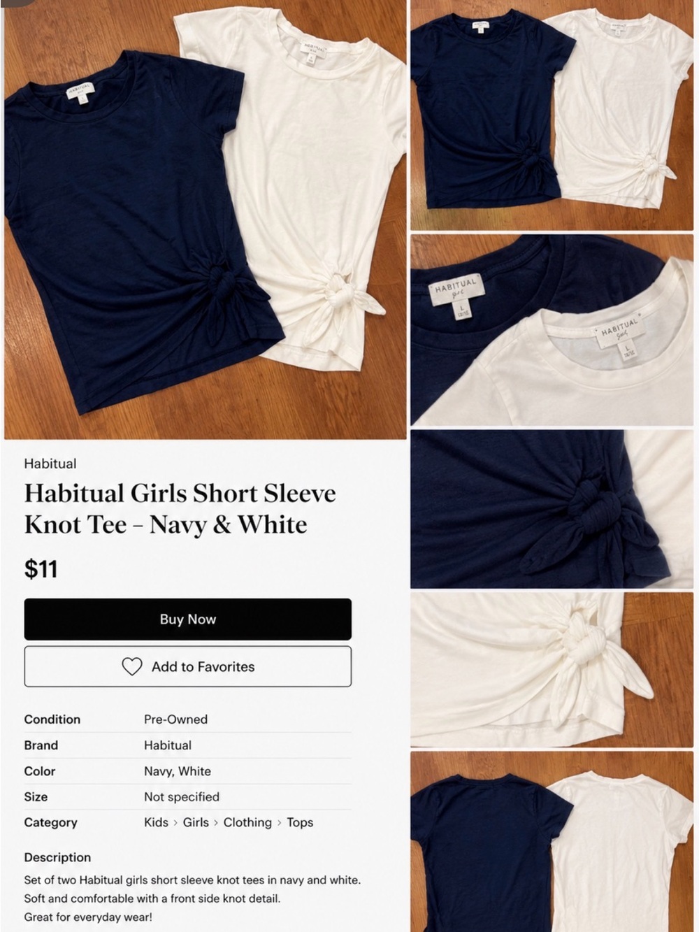 Habitual Girls Short Sleeve Knot Tee - Navy & White